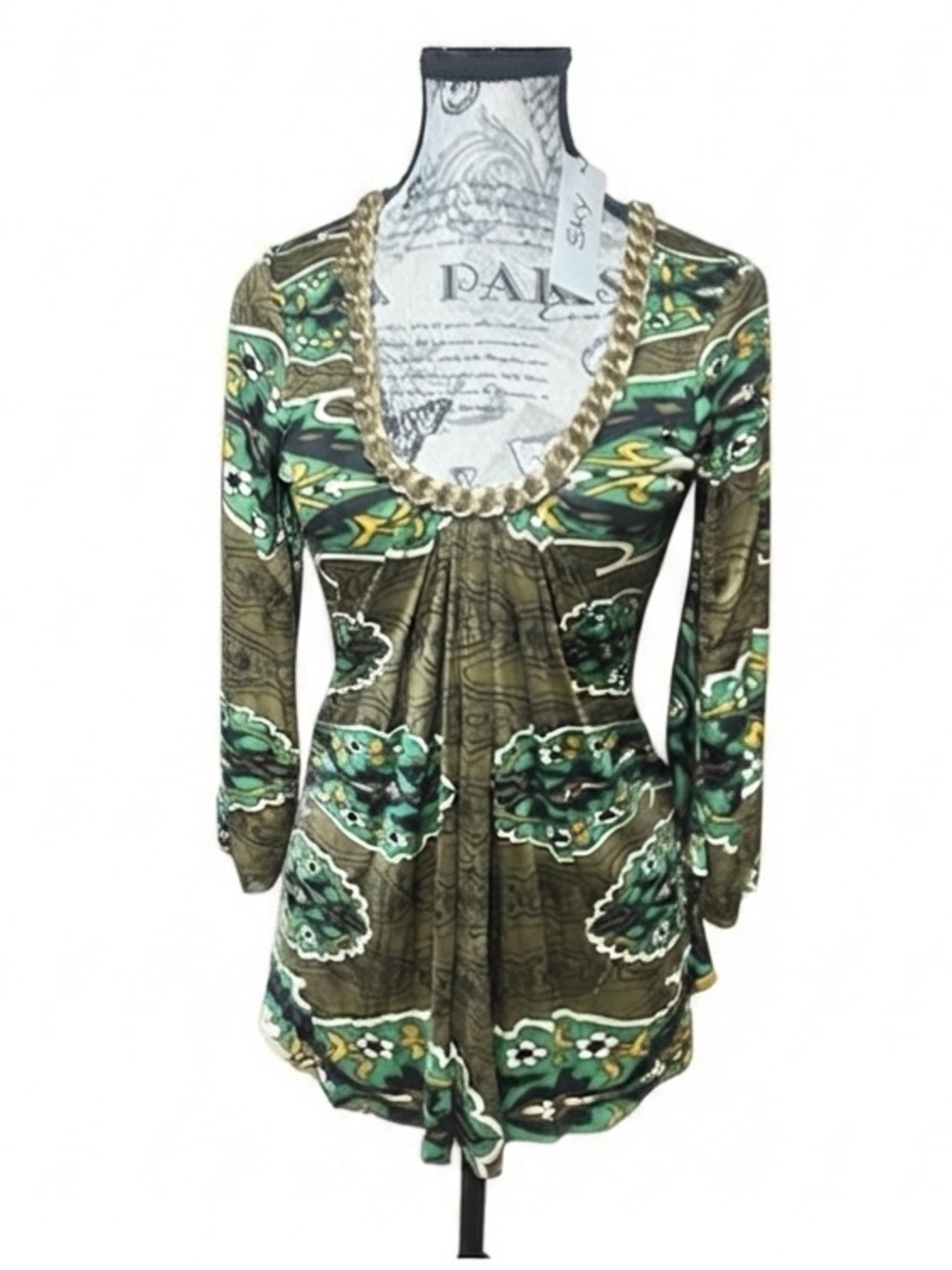 NWT SKY Green Paisley Gold Chain Neckline Boho Chic Blouse Small